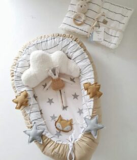 31-Set de Nacimiento rayadito -Nidito, mantita, zorrito, guirnalda, sonajero y almohadon nube
